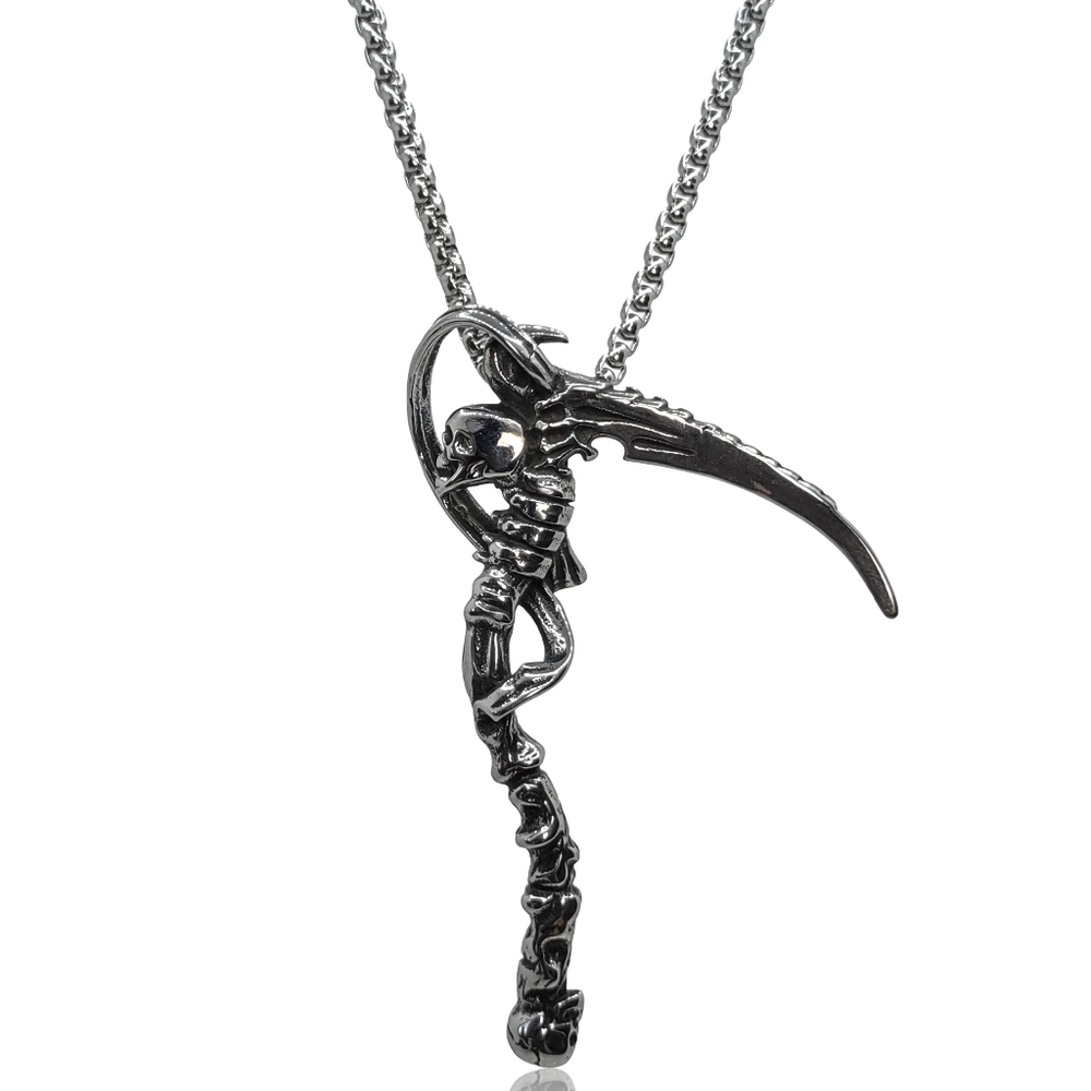 Gothic Punk Grim Reaper Scythe Skull Necklace